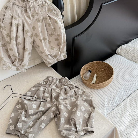 ロングパンツ・スウェットパンツ キッズパンツ レトロフラワープリントプリーツクロップドパンツ【mh0009010】