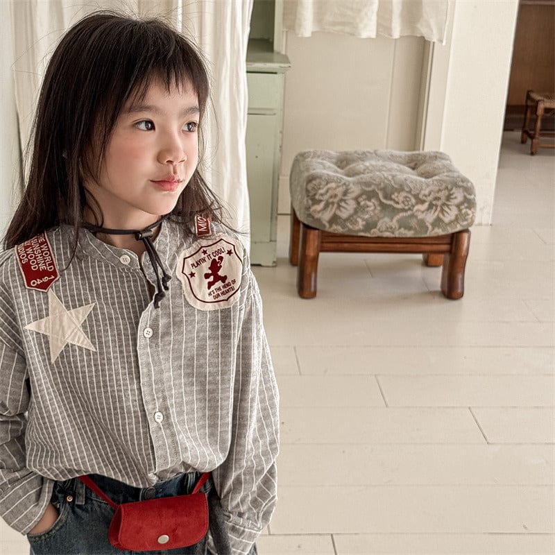 長袖シャツ・ブラウス キッズトップス チェックノーカラーウェスタンパッチワーク長袖シャツ【mh0009016】