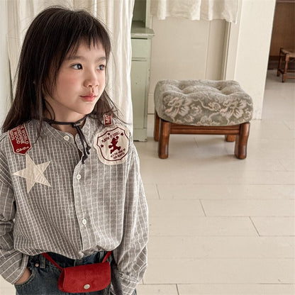 長袖シャツ・ブラウス キッズトップス チェックノーカラーウェスタンパッチワーク長袖シャツ【mh0009016】