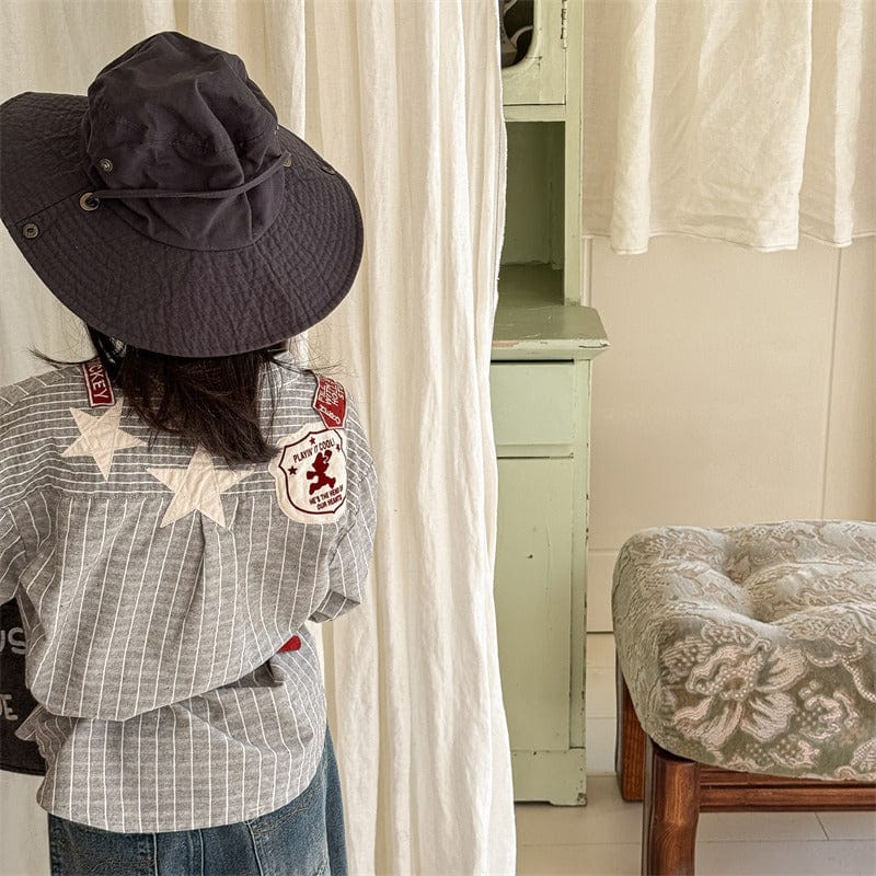 長袖シャツ・ブラウス キッズトップス チェックノーカラーウェスタンパッチワーク長袖シャツ【mh0009016】