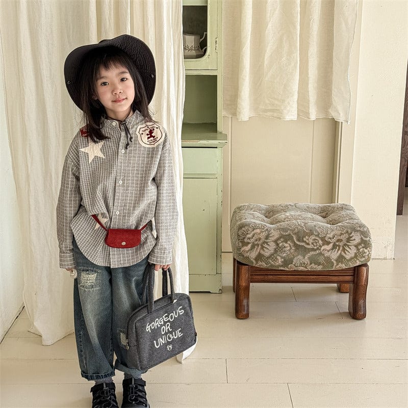 長袖シャツ・ブラウス キッズトップス チェックノーカラーウェスタンパッチワーク長袖シャツ【mh0009016】