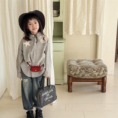 長袖シャツ・ブラウス キッズトップス チェックノーカラーウェスタンパッチワーク長袖シャツ【mh0009016】