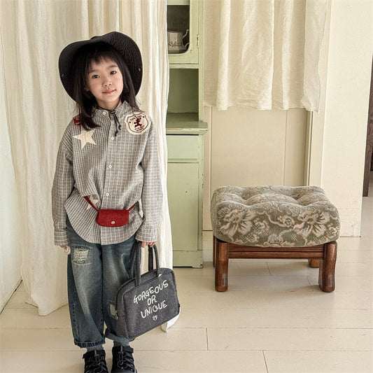 長袖シャツ・ブラウス キッズトップス チェックノーカラーウェスタンパッチワーク長袖シャツ【mh0009016】