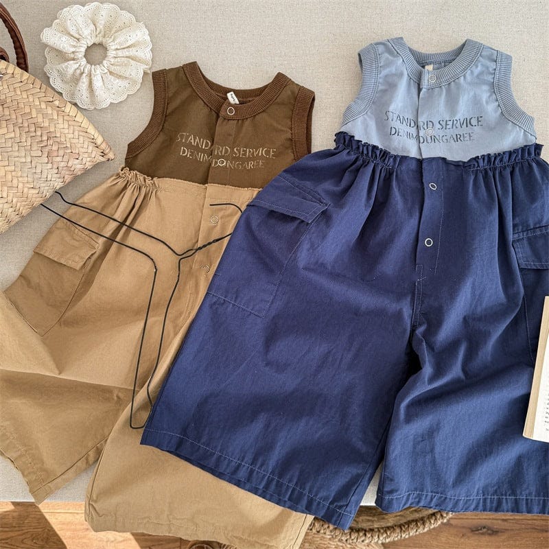 ノースリーブジャンプスーツ キッズジャンプスーツ レターロゴプリントノースリーブドッキングジャンプスーツ【mh0009017】