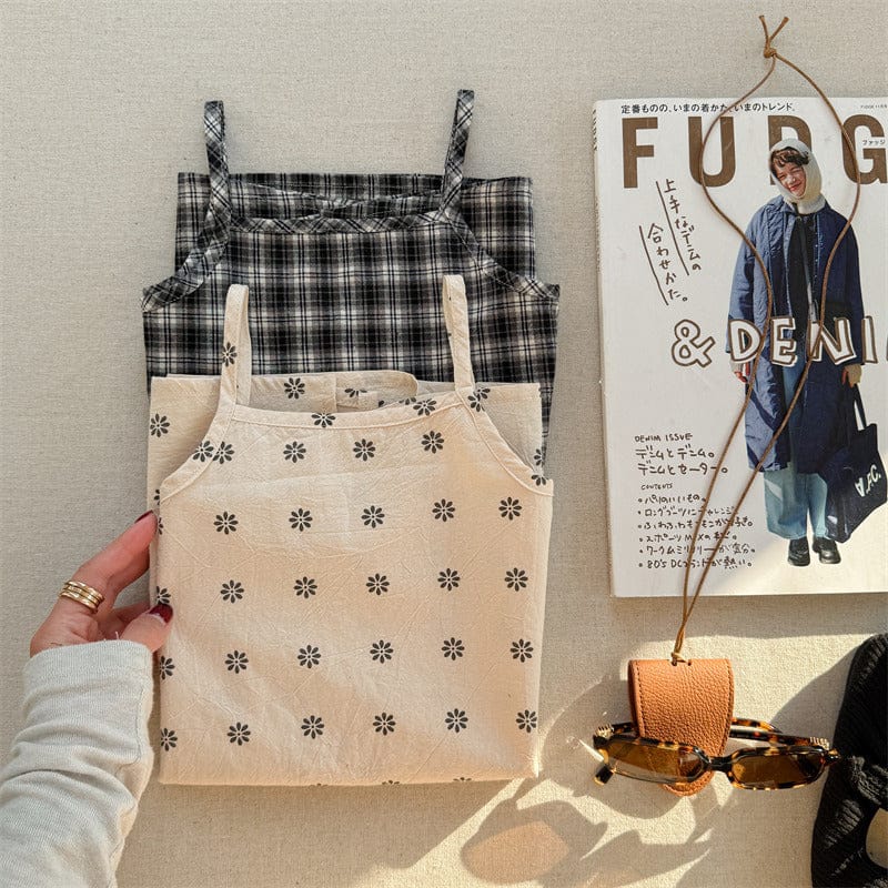 ノースリーブワンピース フラワー/チェックプリントキャミソールワンピース【mh0009374】