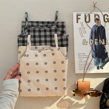 ノースリーブワンピース フラワー/チェックプリントキャミソールワンピース【mh0009374】