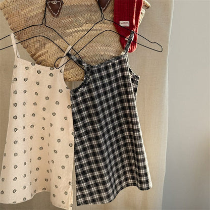 ノースリーブワンピース フラワー/チェックプリントキャミソールワンピース【mh0009374】