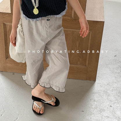 ロングパンツ・スウェットパンツ チェックフリルクロップドパンツ【mh0009384】