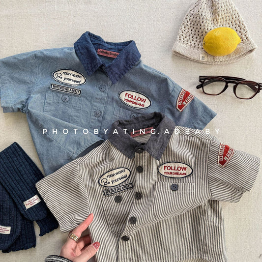 半袖シャツ・ブラウス ワッペン半袖ダイナーシャツ【mh0009395】