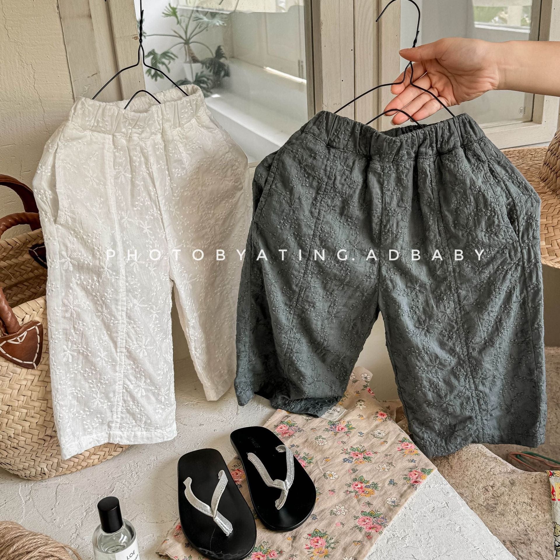 ロングパンツ・スウェットパンツ リネンコットンジャカードクロップドパンツ【mh0009539】