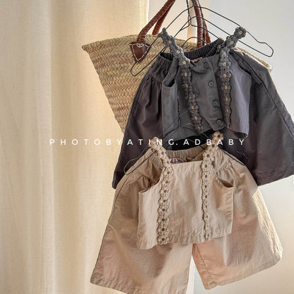 ノースリーブセットアップ フラワーストラップキャミソール+ワイドルーズパンツ【mh0009547】