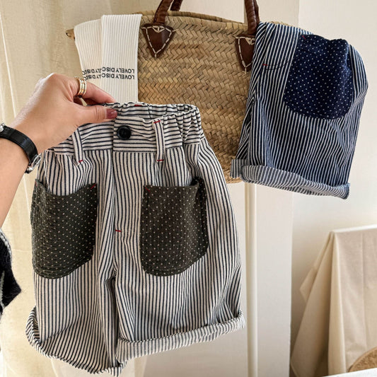 ハーフパンツ・ショートパンツ ストライプパッチワークショートパンツ【mh0009549】