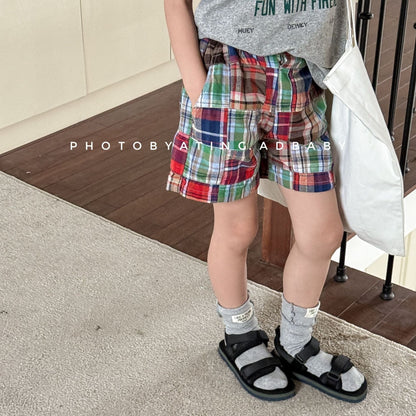 ハーフパンツ・ショートパンツ マドラスチェックパッチワークショートパンツ【mh0009554】