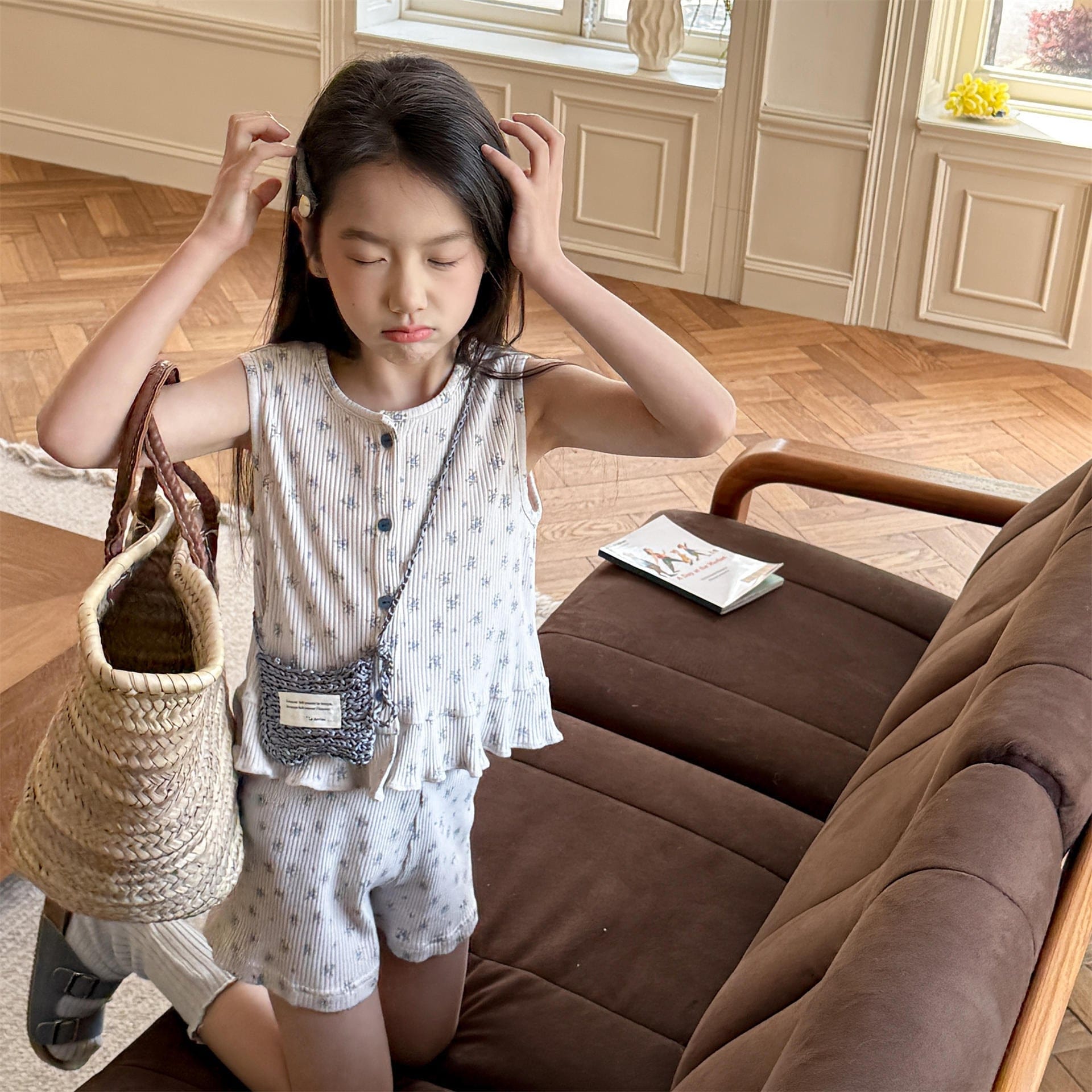 ノースリーブセットアップ フラワープリントタンクトップチュニック+ショートパンツ【mh0010128】