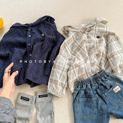 長袖シャツ・ブラウス レトロチェックフーディ長袖サマーシャツ【mh0010134】