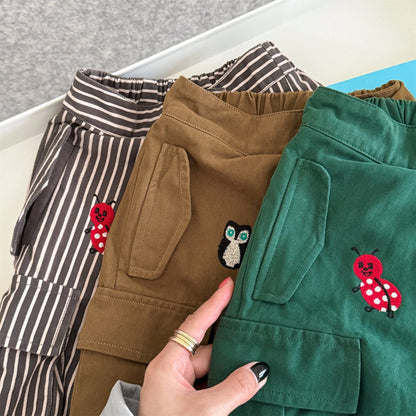 ロングパンツ・スウェットパンツ ワンポイント刺繍ストライプ/無地ワイドルーズカーゴパンツ【mh0010637】