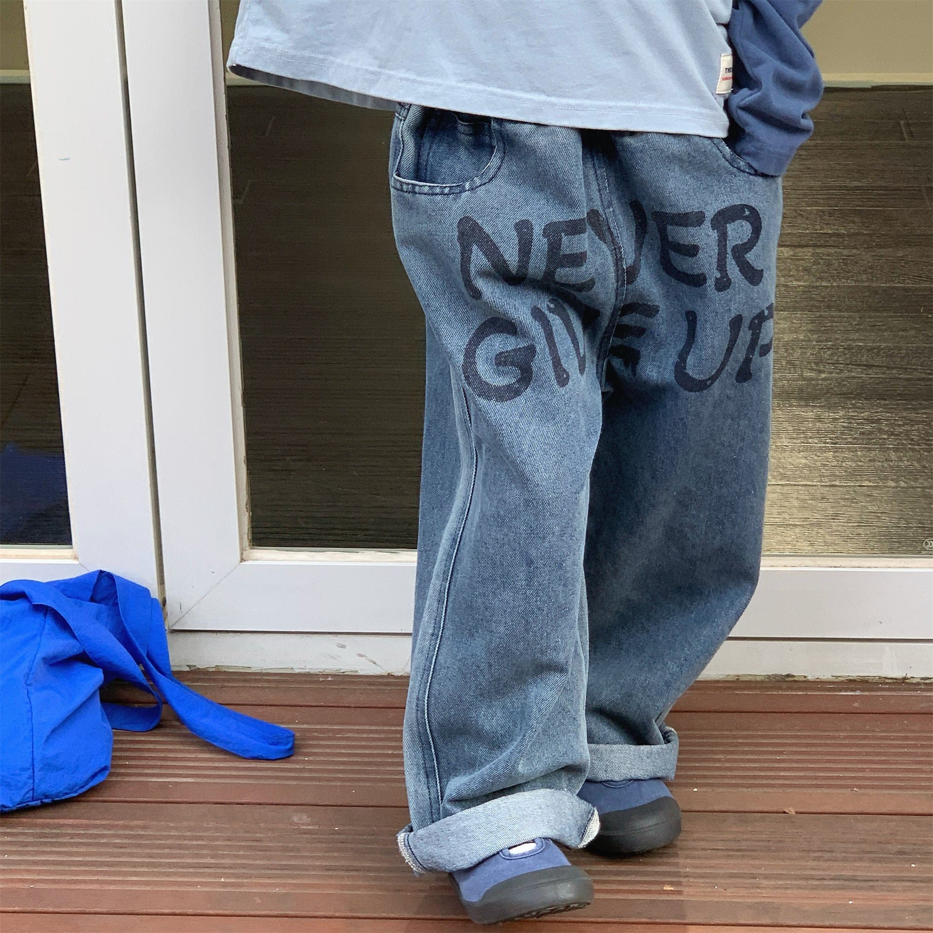 デニムパンツ レターロゴプリントルーズストレートデニムパンツジーンズ【mh0010638】