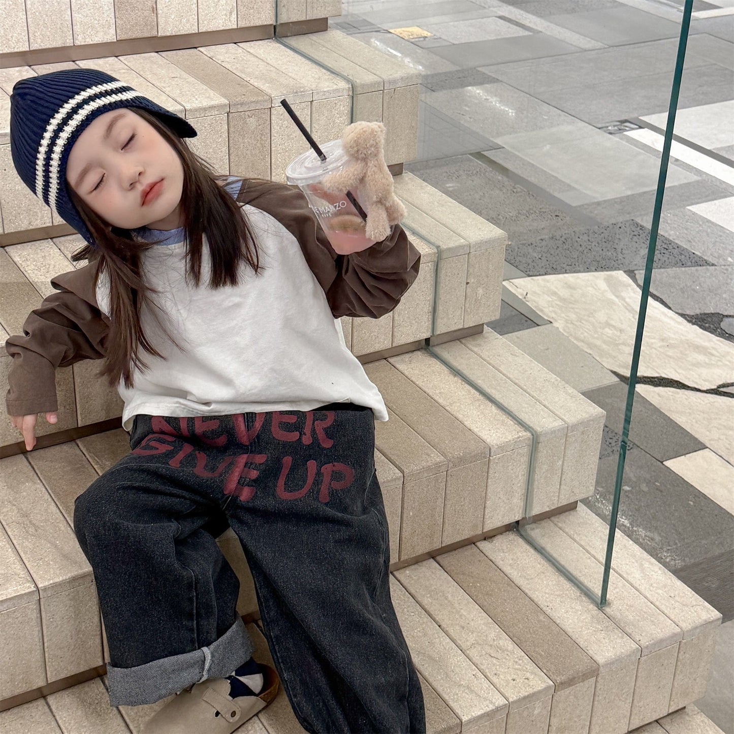 デニムパンツ レターロゴプリントルーズストレートデニムパンツジーンズ【mh0010638】