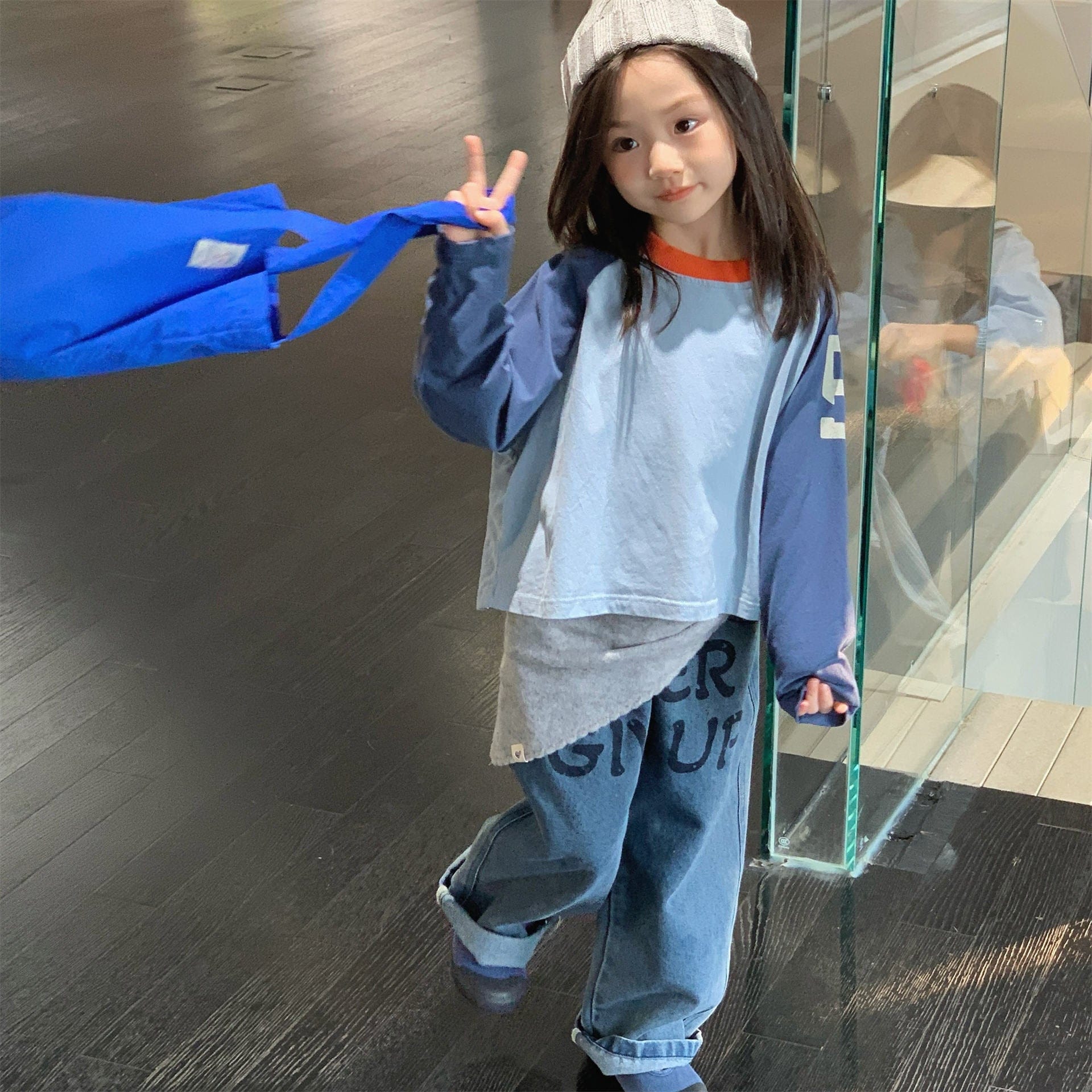 デニムパンツ レターロゴプリントルーズストレートデニムパンツジーンズ【mh0010638】