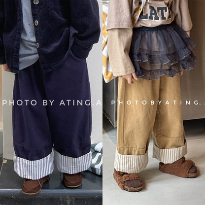 ロングパンツ・スウェットパンツ ストライプロールアップワイドルーズストレートパンツ【mh0010641】