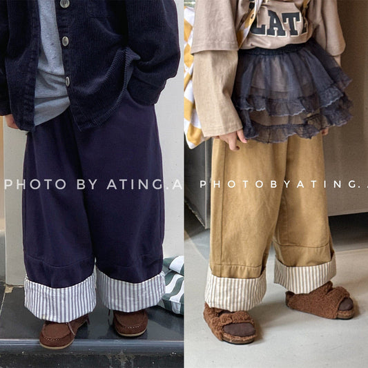 ロングパンツ・スウェットパンツ ストライプロールアップワイドルーズストレートパンツ【mh0010641】