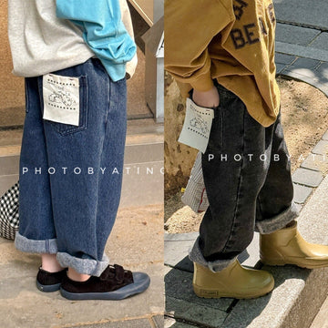 デニムパンツ キャラクタープリントポケットデニムパンツ ワイドパンツ【mh0010808】