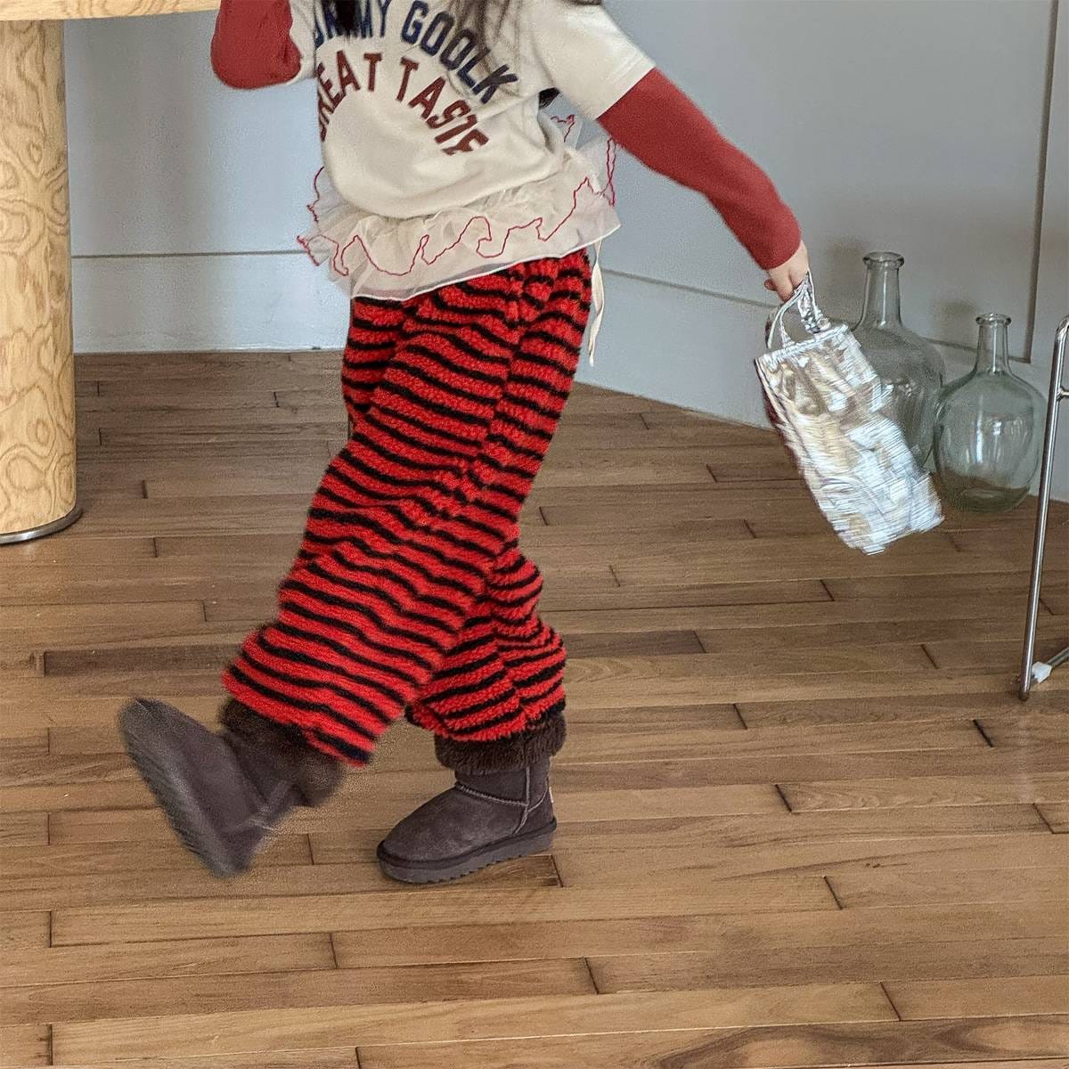 ロングパンツ・スウェットパンツ ロングパンツ シープボア ボーダー柄 もこもこボア 長ズボン【mh0011400】