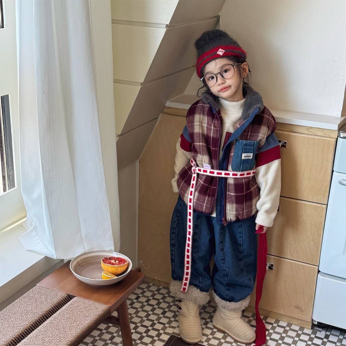 ベスト チェック柄ベスト 裏ボア デニムポケット 中綿入り アウター【mh0011418】