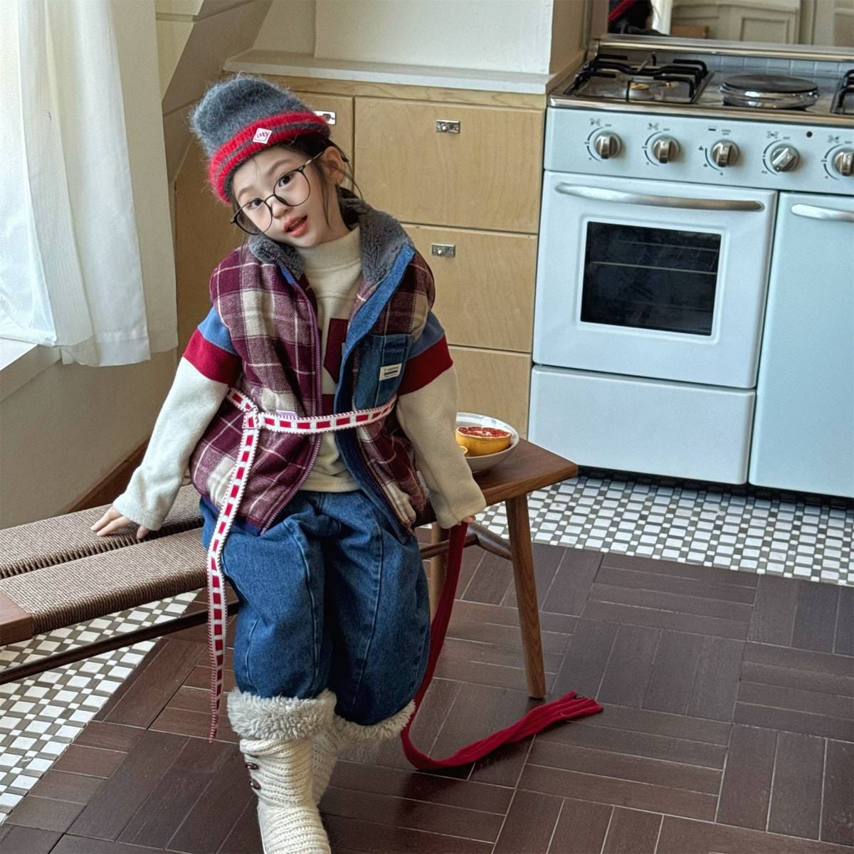 ベスト チェック柄ベスト 裏ボア デニムポケット 中綿入り アウター【mh0011418】