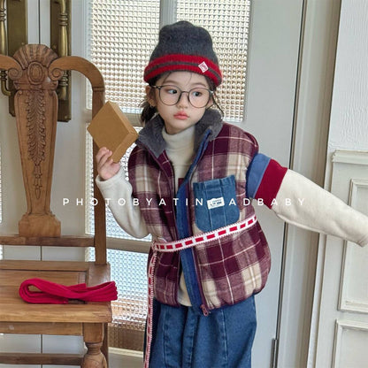 ベスト チェック柄ベスト 裏ボア デニムポケット 中綿入り アウター【mh0011418】