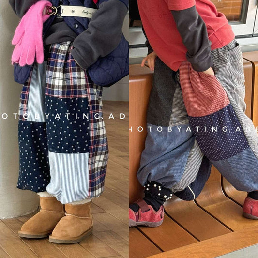 ロングパンツ・スウェットパンツ パッチワークロングパンツ デニム調 キルティング 中綿入り【mh0011424】