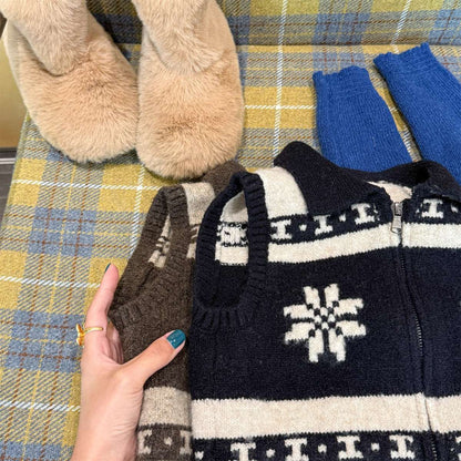 ベスト ニットベスト ジップアップ ノルディック柄 ノースリーブ トップス【mh0011429】