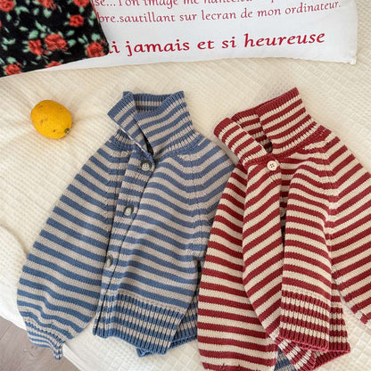 カーディガン・パーカー ボーダーニットカーディガン 襟付き 長袖 ボタン開閉 トップス【mh0011431】