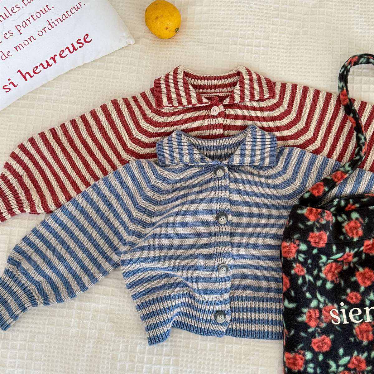 カーディガン・パーカー ボーダーニットカーディガン 襟付き 長袖 ボタン開閉 トップス【mh0011431】