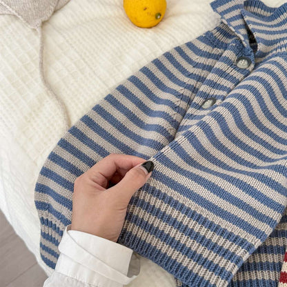 カーディガン・パーカー ボーダーニットカーディガン 襟付き 長袖 ボタン開閉 トップス【mh0011431】