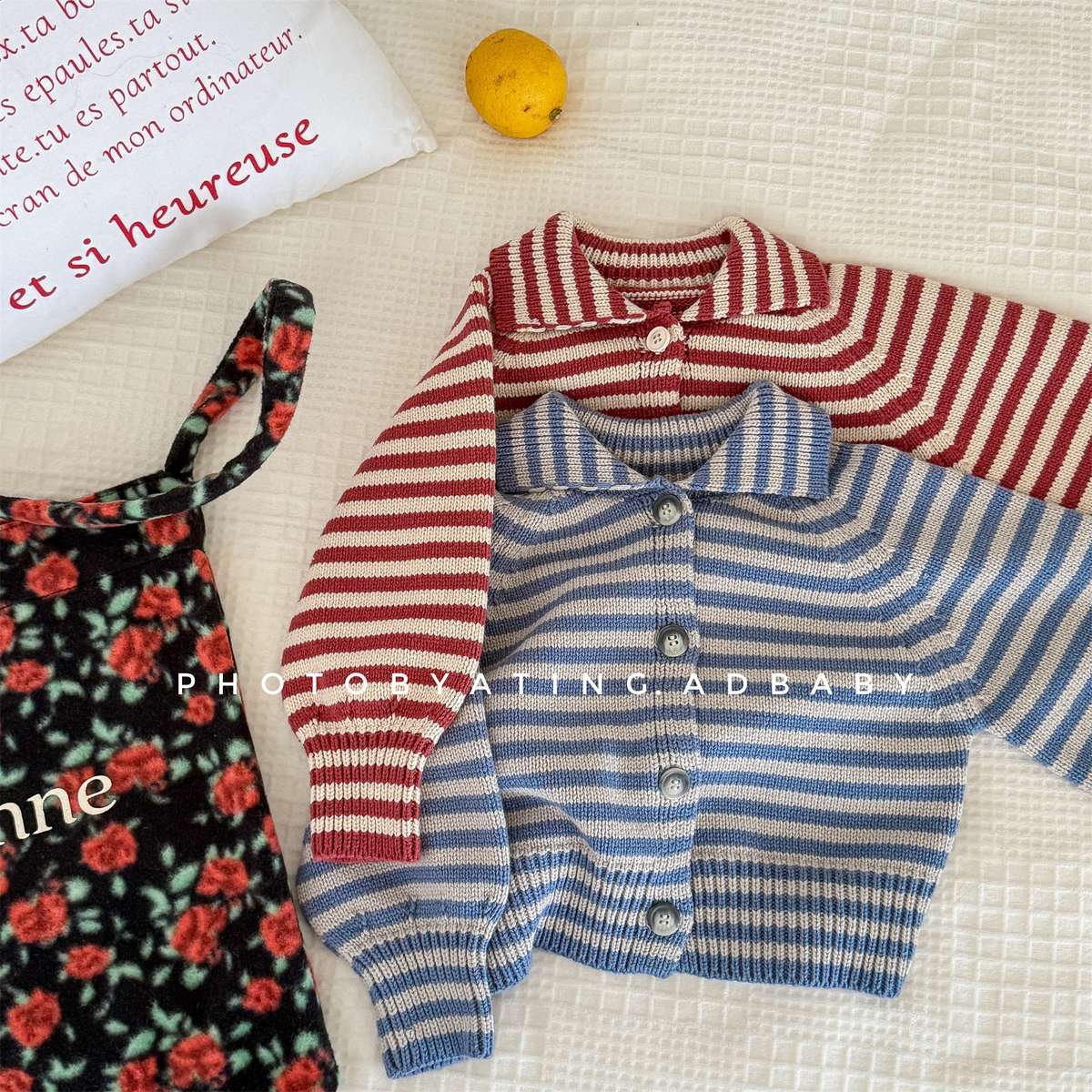 カーディガン・パーカー ボーダーニットカーディガン 襟付き 長袖 ボタン開閉 トップス【mh0011431】