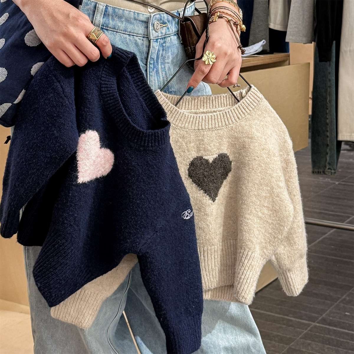 ニット・セーター 長袖ニット ハート柄プルオーバー クルーネック ゆるシルエット【mh0011432】