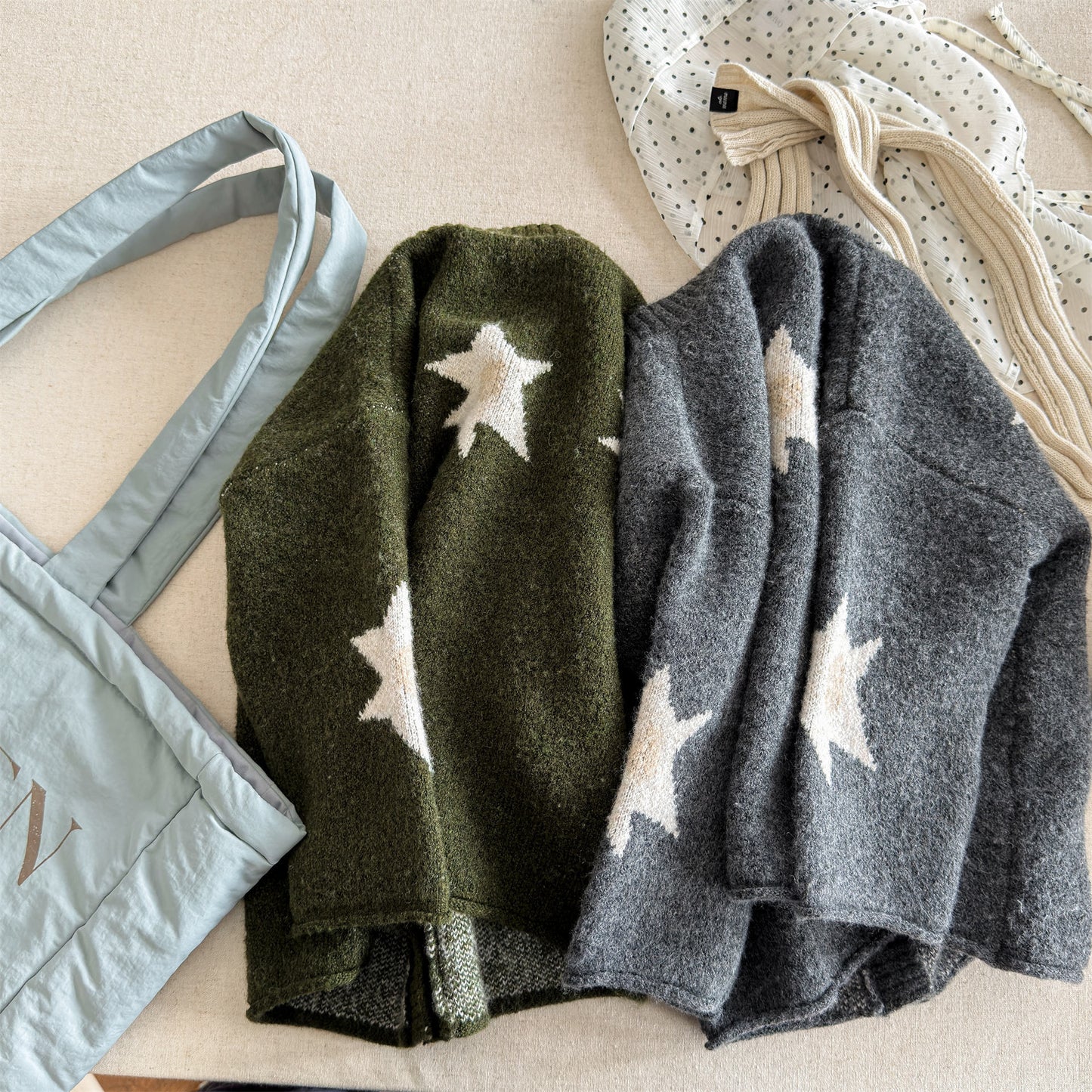 カーディガン・パーカー ニットカーディガン スター星 モノトーン ラグラン カジュアル アウター【mh0011612】