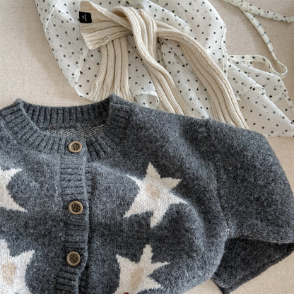 カーディガン・パーカー ニットカーディガン スター星 モノトーン ラグラン カジュアル アウター【mh0011612】