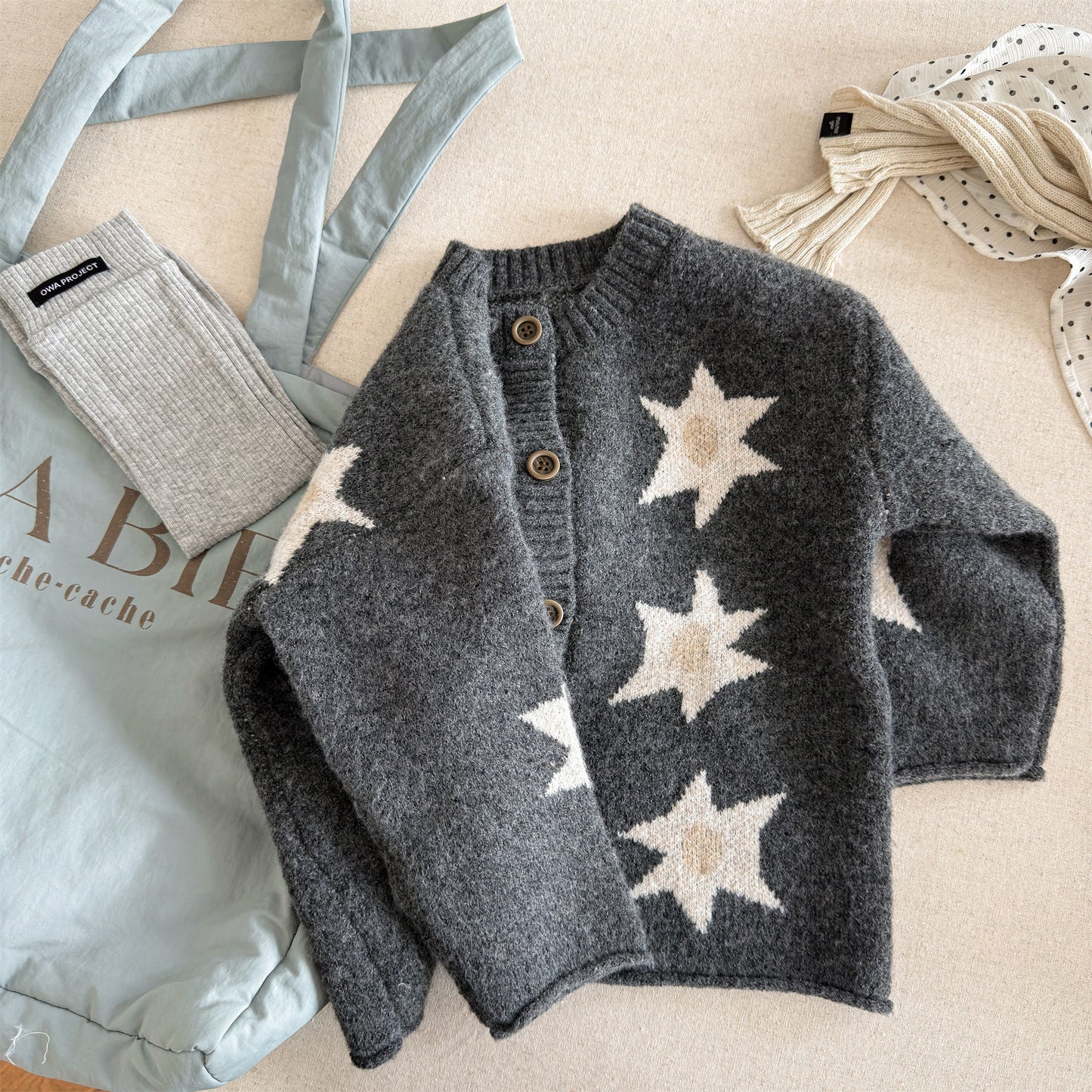 カーディガン・パーカー ニットカーディガン スター星 モノトーン ラグラン カジュアル アウター【mh0011612】