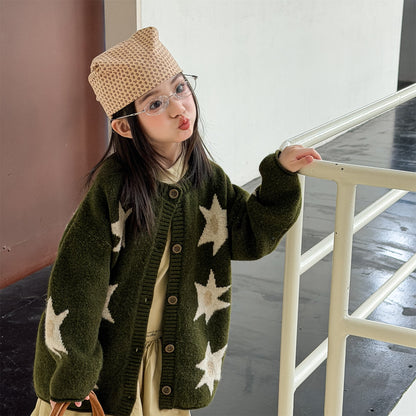 カーディガン・パーカー ニットカーディガン スター星 モノトーン ラグラン カジュアル アウター【mh0011612】