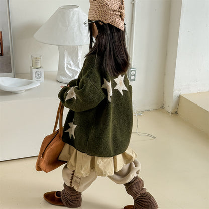 カーディガン・パーカー ニットカーディガン スター星 モノトーン ラグラン カジュアル アウター【mh0011612】