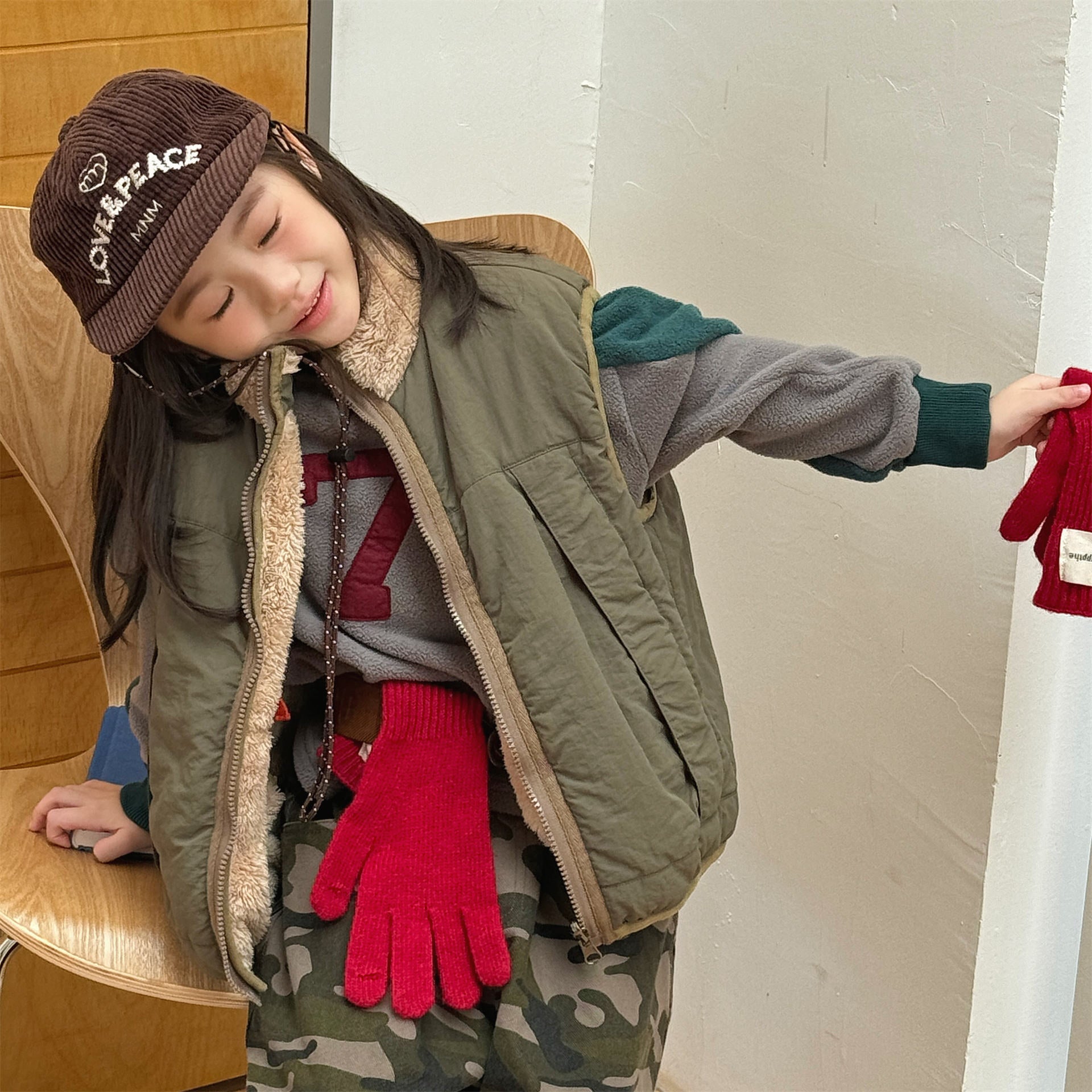 ベスト パッチワークベスト 裏ボアフリース スタンドカラー【mh0011920】