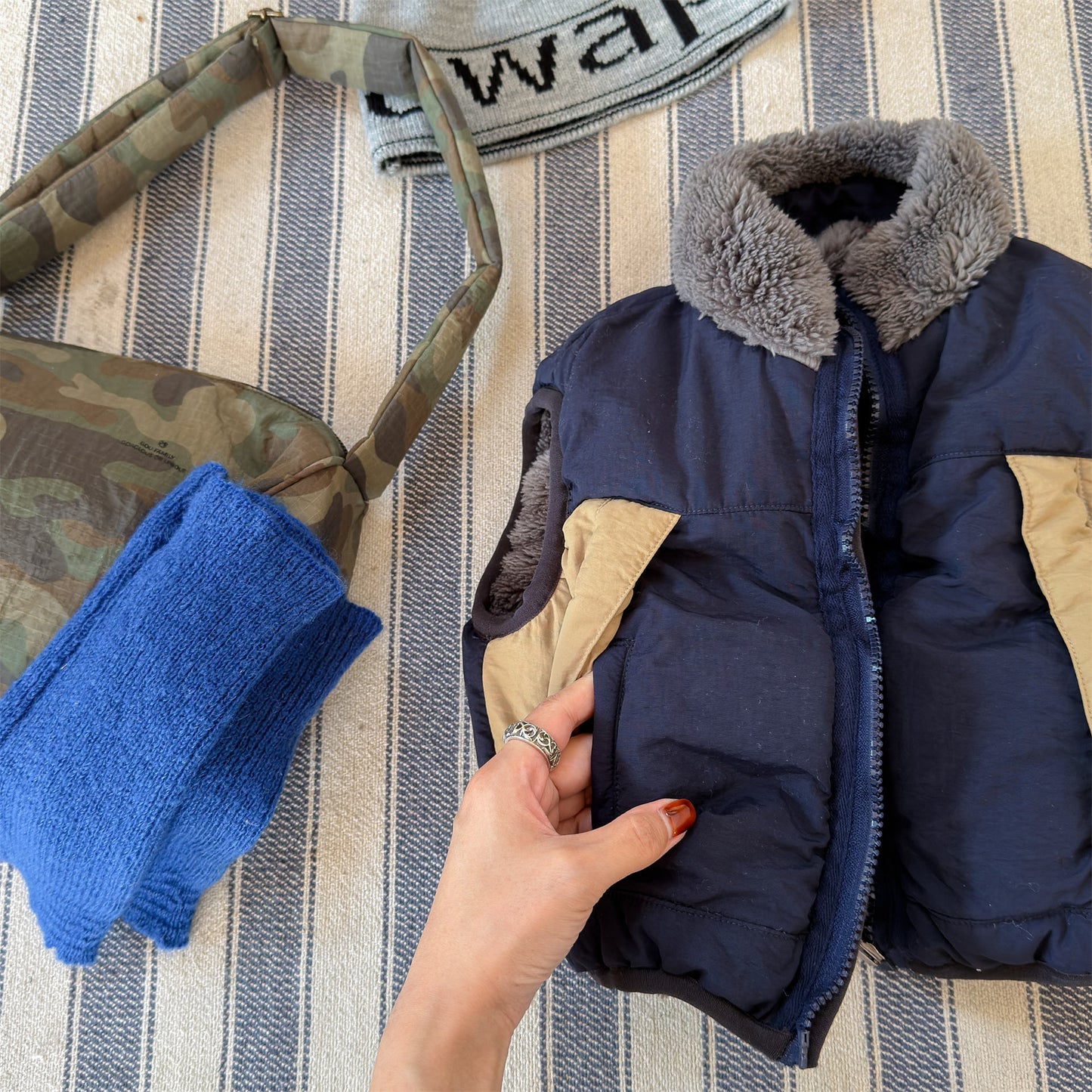 ベスト パッチワークベスト 裏ボアフリース スタンドカラー【mh0011920】