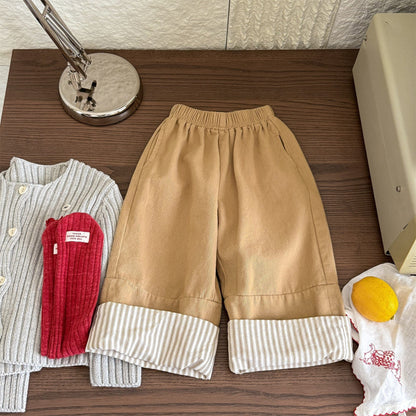 ロングパンツ・スウェットパンツ Mustard Yellow / 80cm ストライプロールアップワイドルーズストレートパンツ【mh0010641】