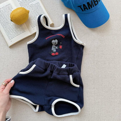 ノースリーブセットアップ Navy / 80cm プリントロゴバイピングタンクトップ+ショートパンツセットアップ 2点セット【mh0009786】