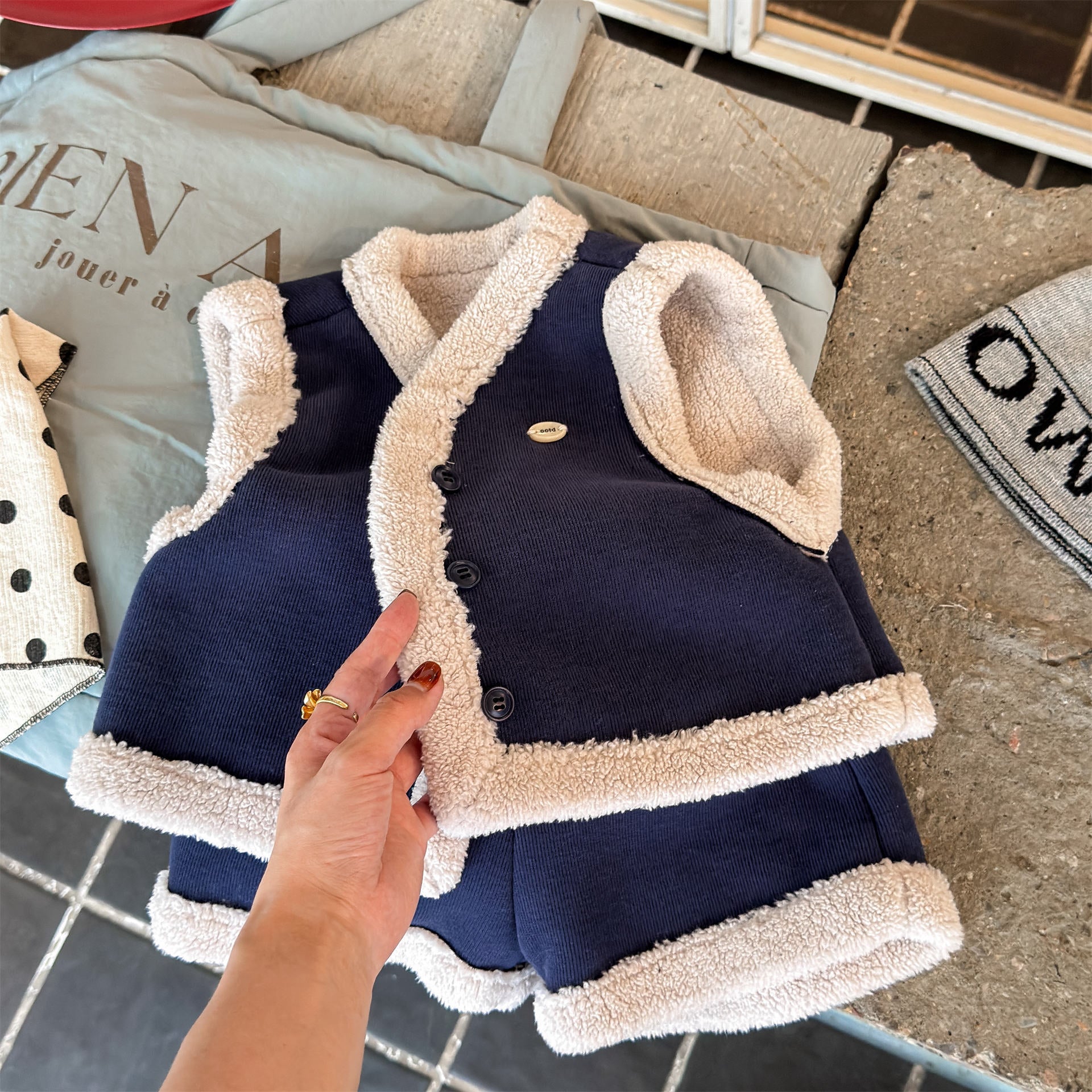 ノースリーブセットアップ Navy / 80cm 裏ボアセットアップ 2点セット ベスト+ショートパンツ【mh0011906】