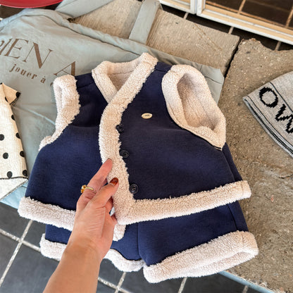 ノースリーブセットアップ Navy / 80cm 裏ボアセットアップ 2点セット ベスト+ショートパンツ【mh0011906】