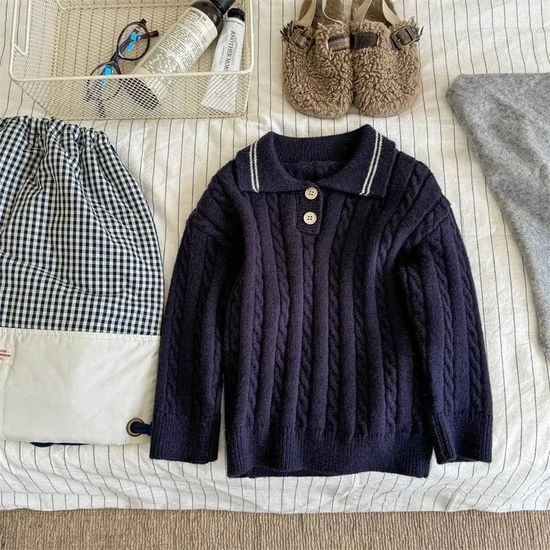 長袖シャツ・ブラウス Navy / 80cm 9-12M キッズトップス ポロ襟アラン編みケーブルニットアラン編みケーブルニット長袖シャツ 2カラー【mh0007577】