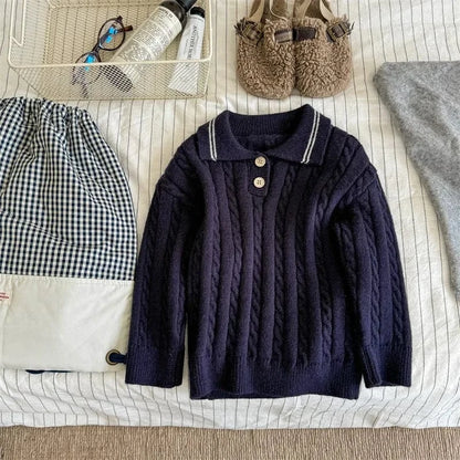 長袖シャツ・ブラウス Navy / 80cm 9-12M キッズトップス ポロ襟アラン編みケーブルニットアラン編みケーブルニット長袖シャツ 2カラー【mh0007577】